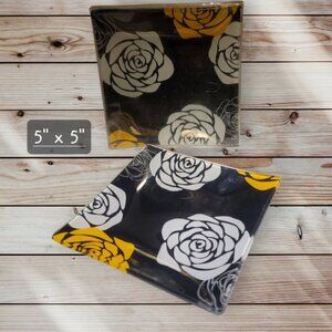 Set of 2 - 5 Inch - Glass - Black Roses Print - Candle Plate Jewlery Dish
